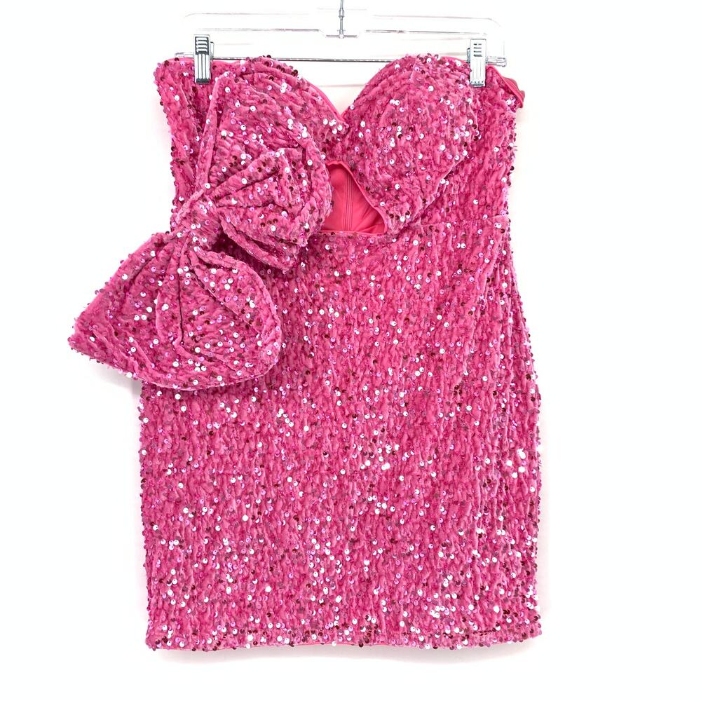 Faeriesty Strapless Mini Dress Womens XL Pink Sequin Large Bow Detail Keyhole